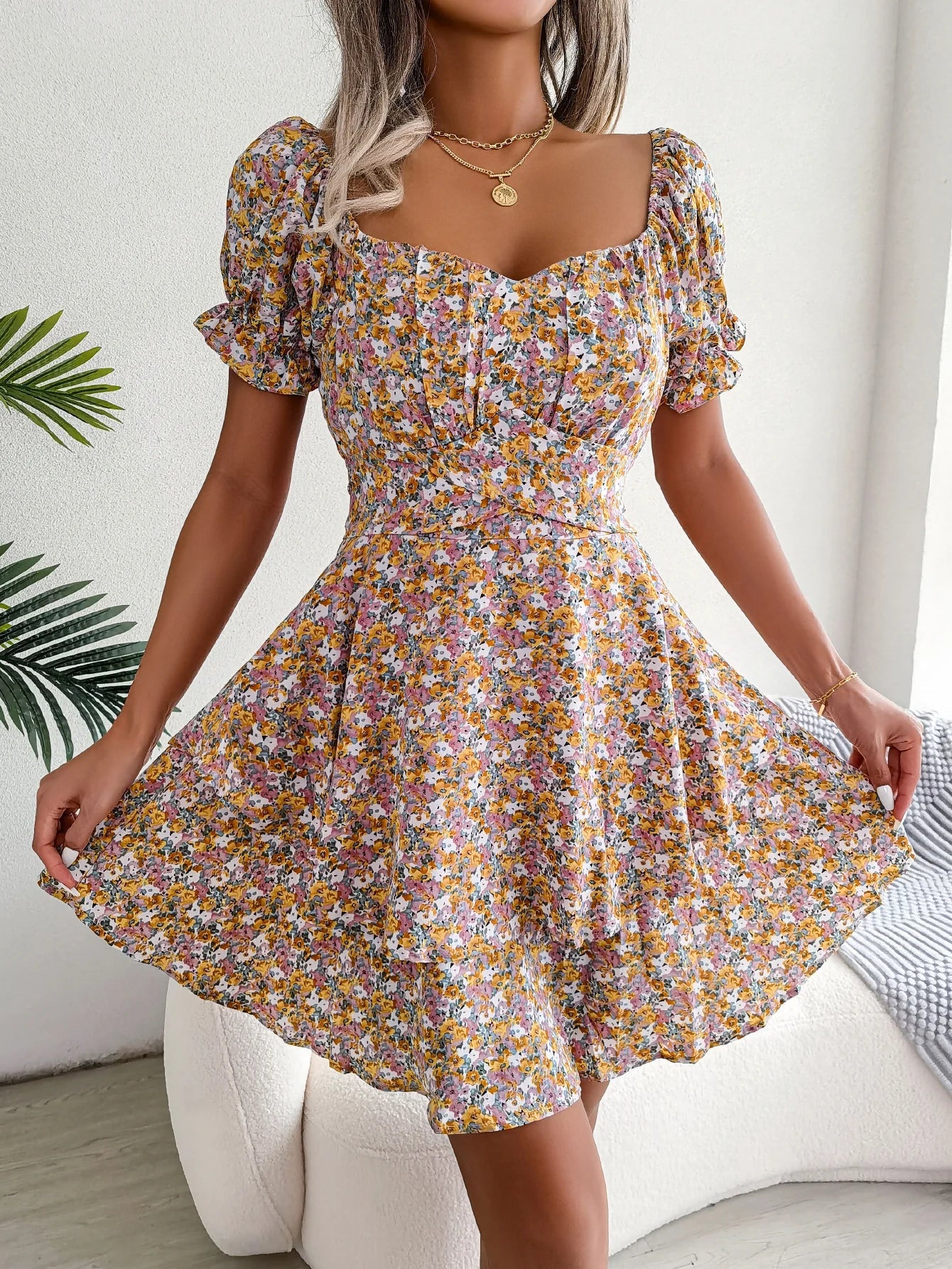 Floral Print Pleated Dress For Women Knee Length Summer