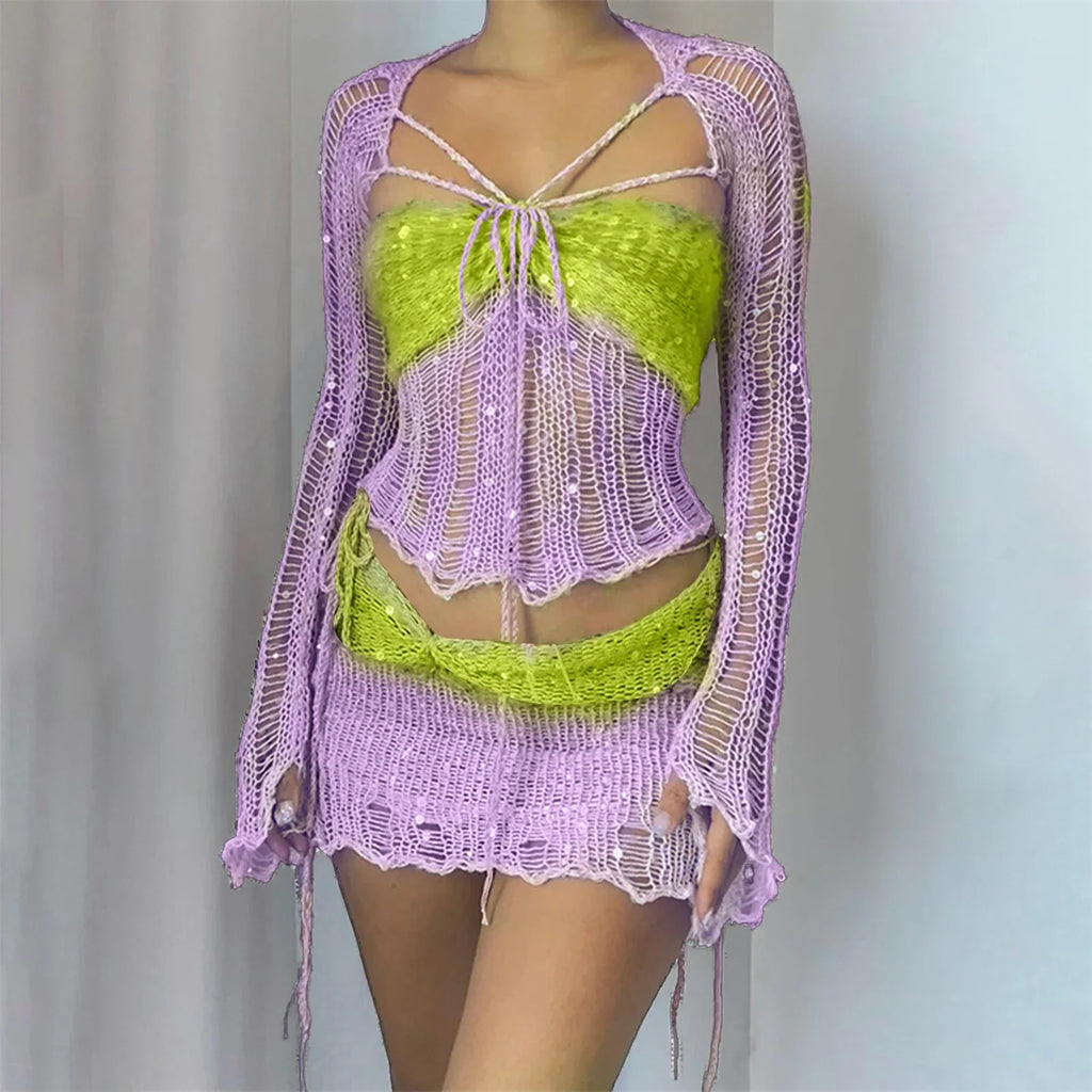 Sequin Crochet Three Piece Dress Set For Women Y2K Style