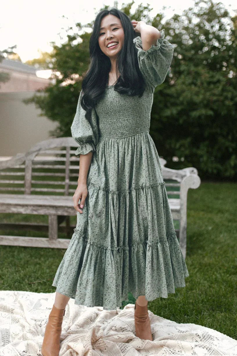 Floral Print Maxi Dress For Women Blue Half Sleeve Summer