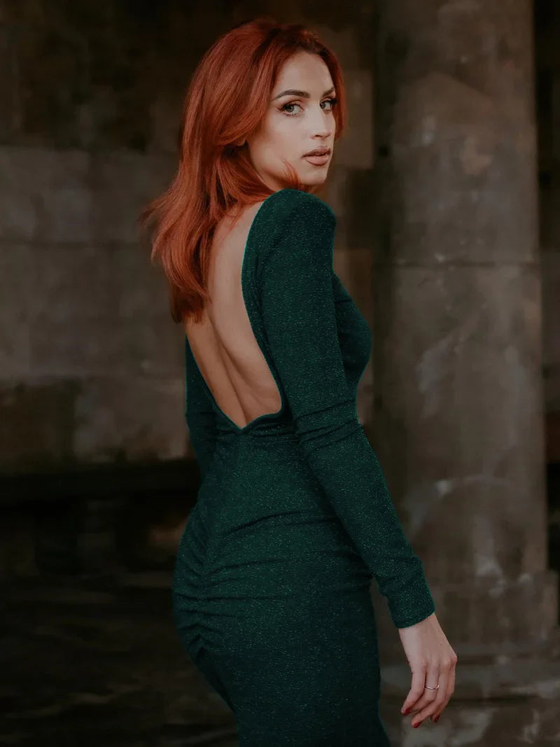 Glitter Backless Ruched Midi Dress For Women Party Dress