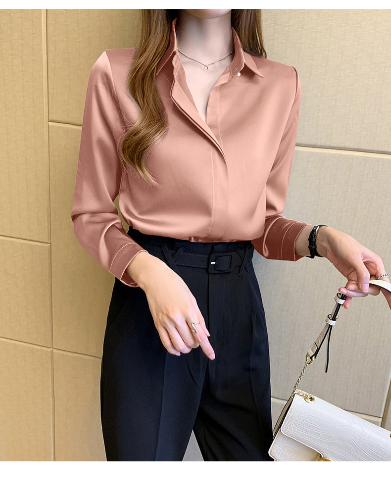 Elegant Satin Women Blouse Long Sleeve Shirt Autumn Fashion Tops for Ladies Office and Casual Wear