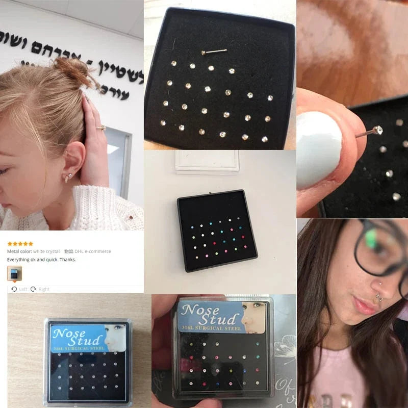 24pcs Colorful Rhinestone Nose Rings and Studs for Women with Stainless Surgical Steel Nose Piercing Jewelry