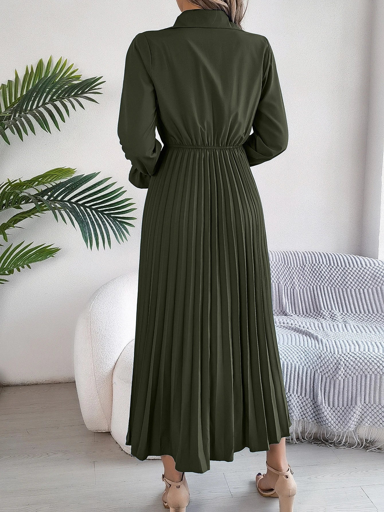 Solid Color Polo Neck Pleated Long Sleeve Dress For Women
