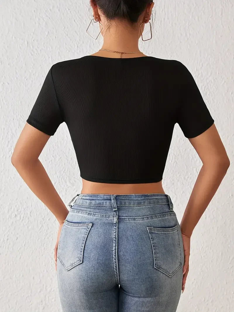 Solid Square Neck Crop T-Shirt for Women, Y2K Short Sleeve Top Perfect for Spring and Summer Fashion