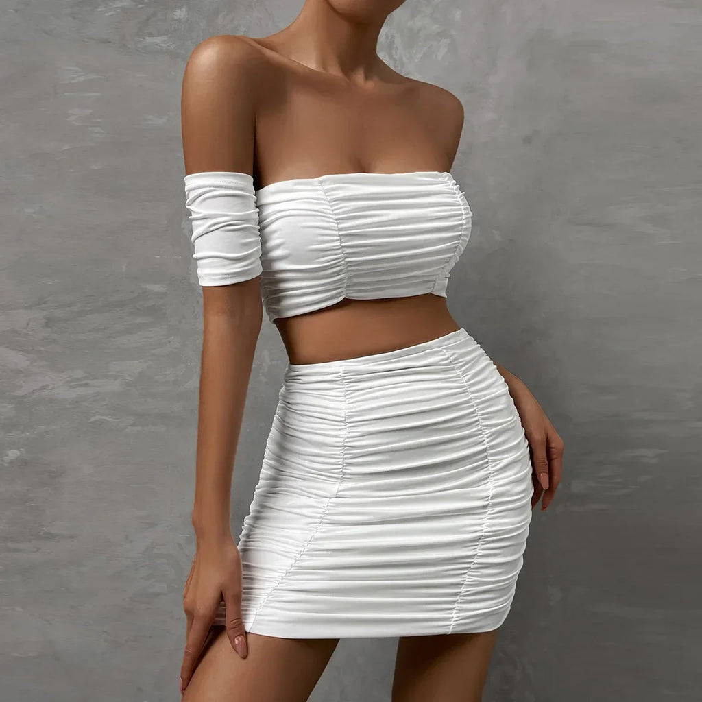 Fashionable Casual Women's Two-Piece Set with Short Sleeve Bodycon Skirt and Sexy Shoulder Cutouts Summer Outfit