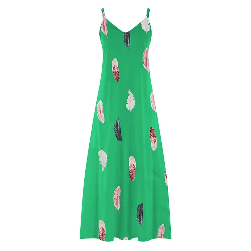 Feather Print Maxi Dress V Neck All Season Comfort Stretch