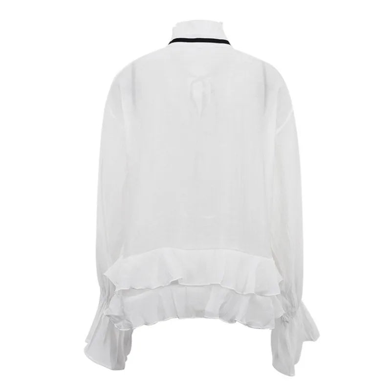 Sexy Loose White Women's Shirt With Ruffles Long Sleeve Sheer Elegant Blouse Stylish Transparent Top