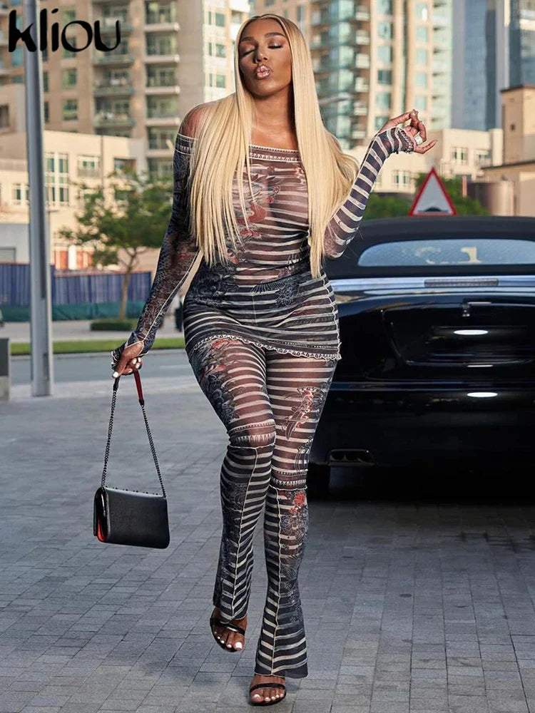 Mesh Trend Print 2 Piece Set for Women with Hipster Slash Neck Full Sleeve Top and Matching Slim Fit Pants