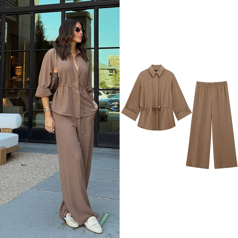 Fashion Women's Casual Pants Set with Solid Khaki Drawstring Waist Blouse and Elastic Waist Baggy Pants