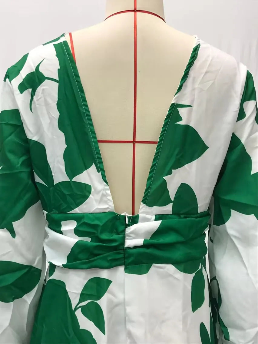 Printed Womens V Neck Lantern Sleeve Long Evening Dress