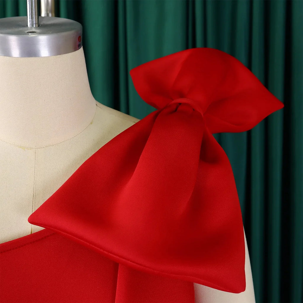 One Shoulder Bow Dress A Line Pleated Mid Calf Party Dress