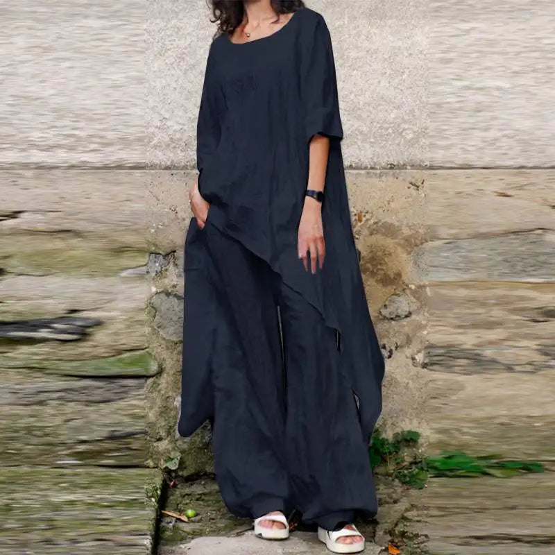 Casual Loose Cotton Linen Top with Irregular Hem and Round Neck Paired with Elegant Loose Leg Pants Two Piece Set