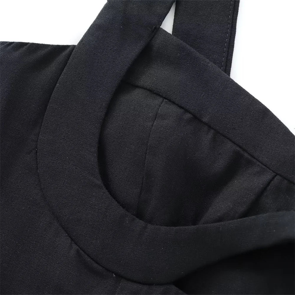 Black Linen Blend Dress Slim Fit With Wide Straps For Women