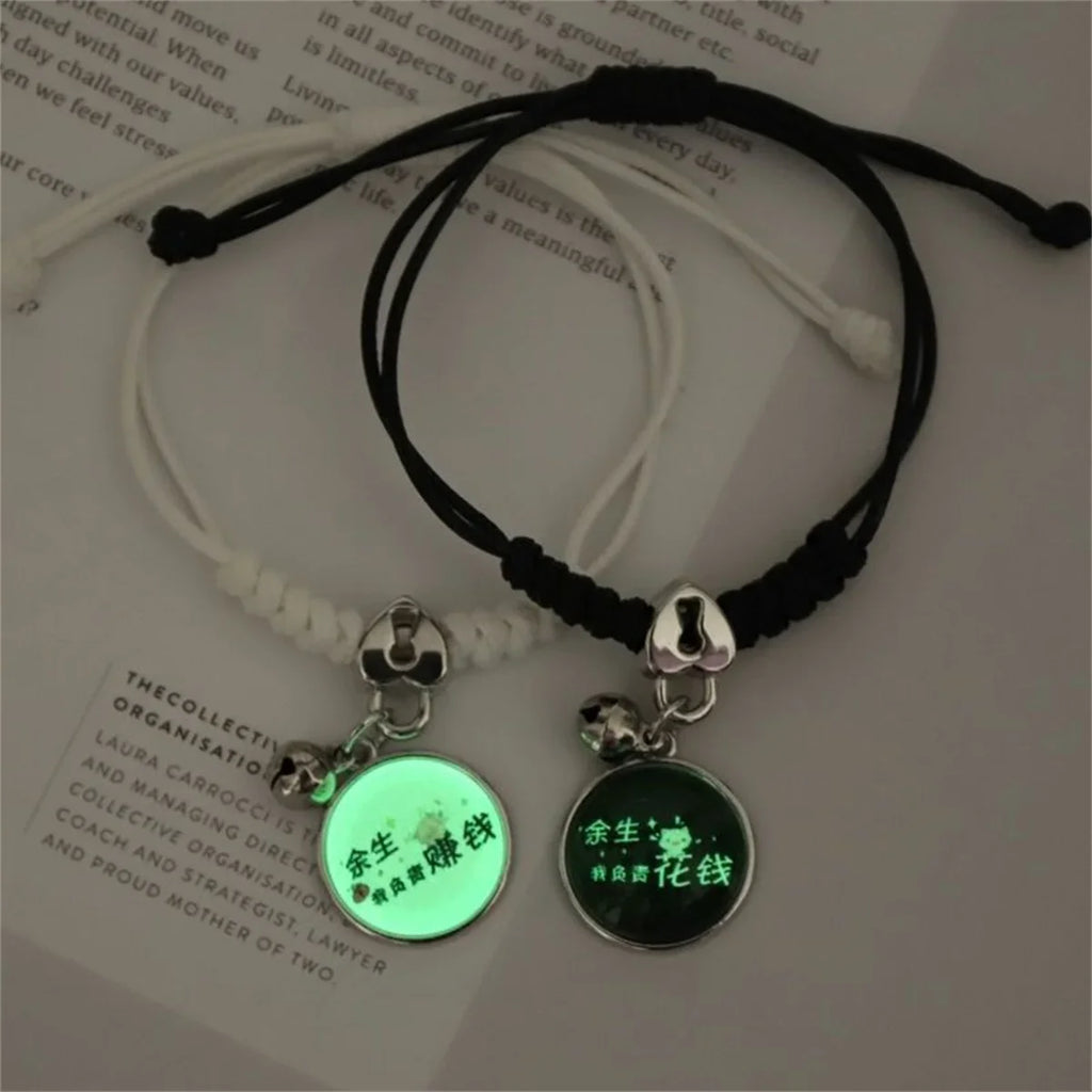 Luminous Beads Star Couple Bracelet for Women and Men Matching Friendship Jewelry with Cat Flower Heart Key Lock Cross Charms