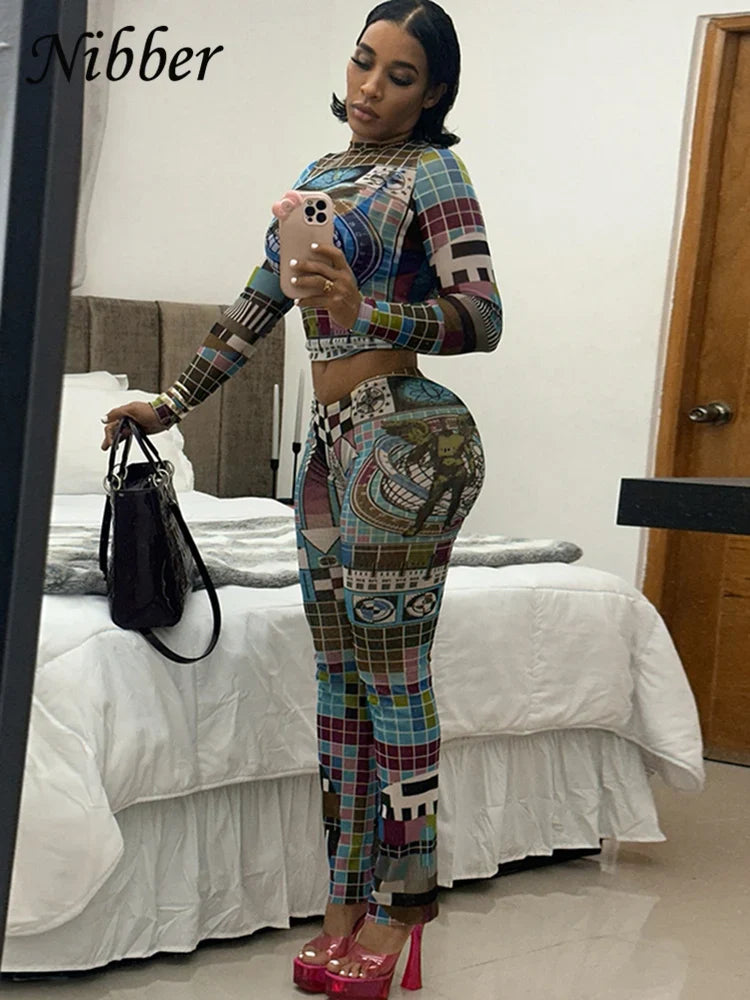 Colorful Pixel Print Mesh Women 2 Piece Tracksuit Set with Full Sleeve Crop Top and Stretch Leggings for Trendy Streetwear