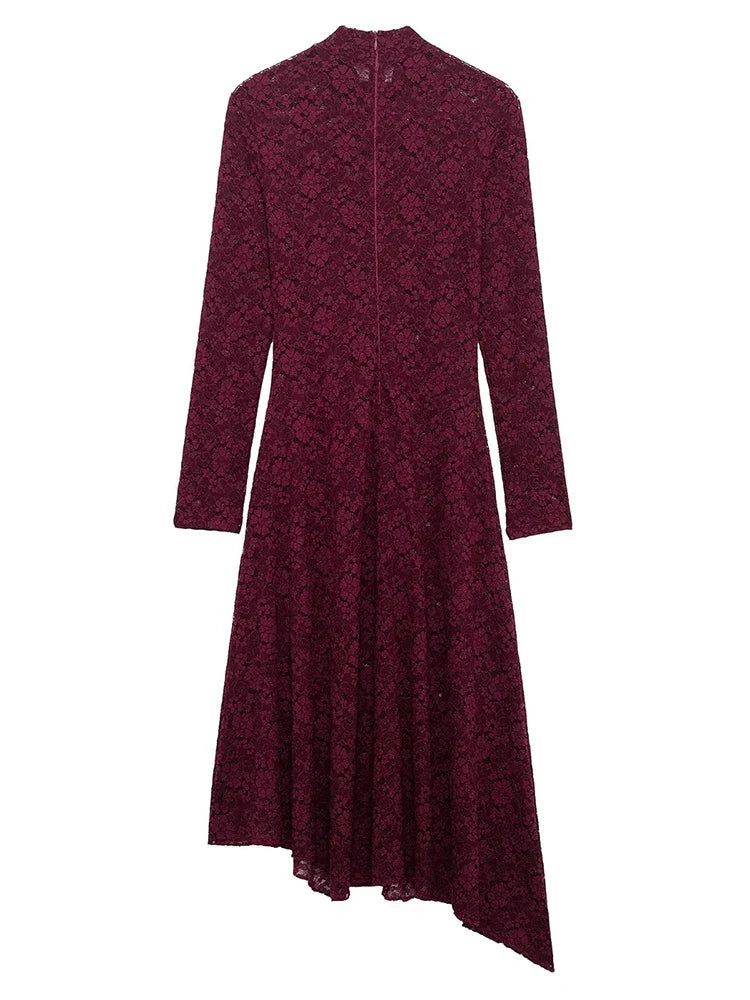 Lace Midi Dress Solid Hollow Out Asymmetric Long Sleeve