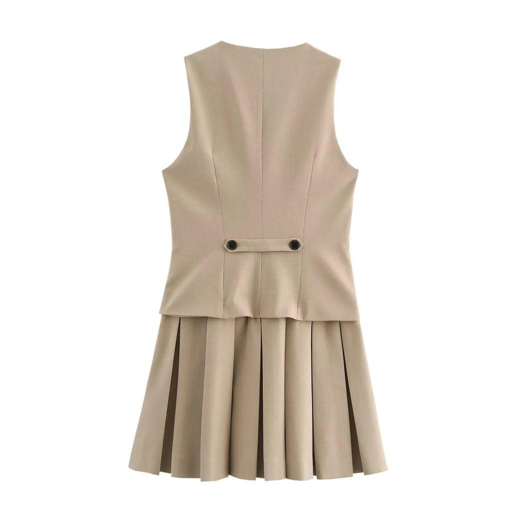Elegant Sleeveless Pleated Dress With Vest Style Chic