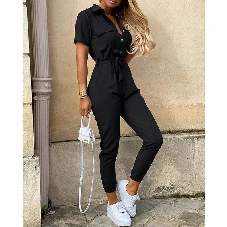 Casual Chic Overalls for Women Lapel Lace-Up Print Belted Work Jumpsuit One-Piece Bodysuit Elegant Long Sleeve Jumpsuit with Stylish Fit