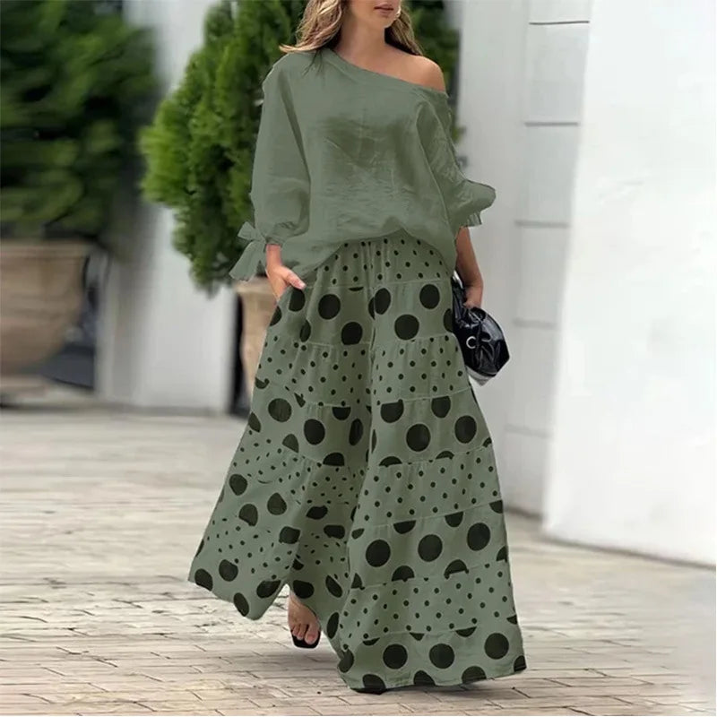 Off Shoulder Polka Dot Print Top and Wide Leg Pants Outfit for Women Casual Spring Autumn 2 Piece Set