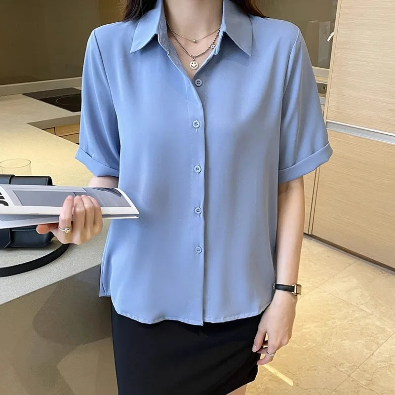 Women's Summer Short Sleeve V-Neck Chiffon Blouse Loose Fit Casual Office Pullover Shirt