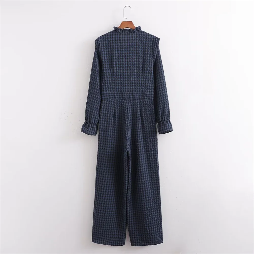Women's Casual Plaid Bubble Sleeve Long Jumpsuit Versatile Fashionable Temperament Fit