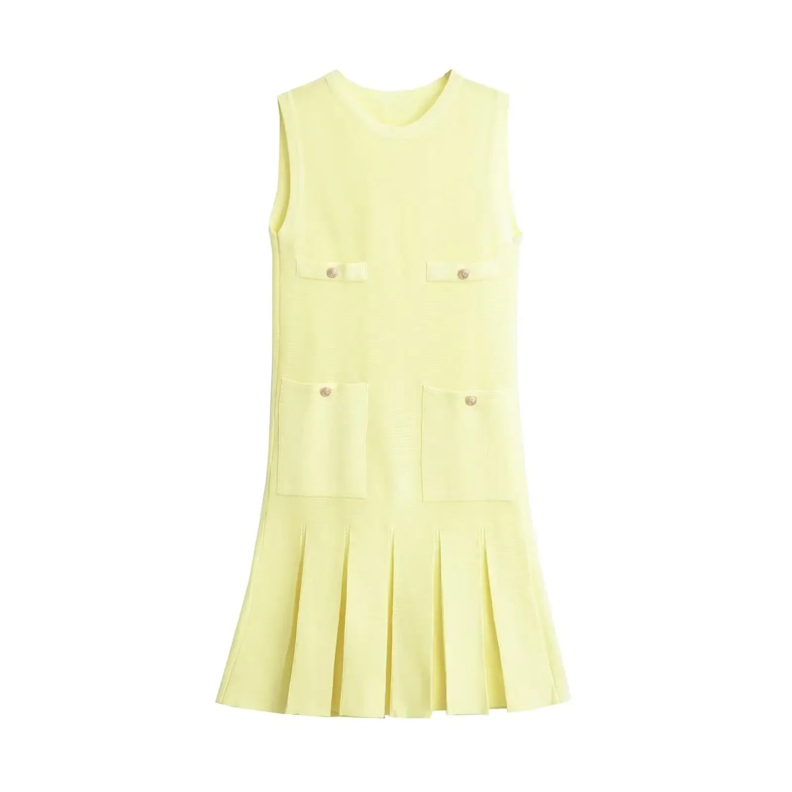 Yellow Knit Pleated Hem Mini Dress With Front Pockets