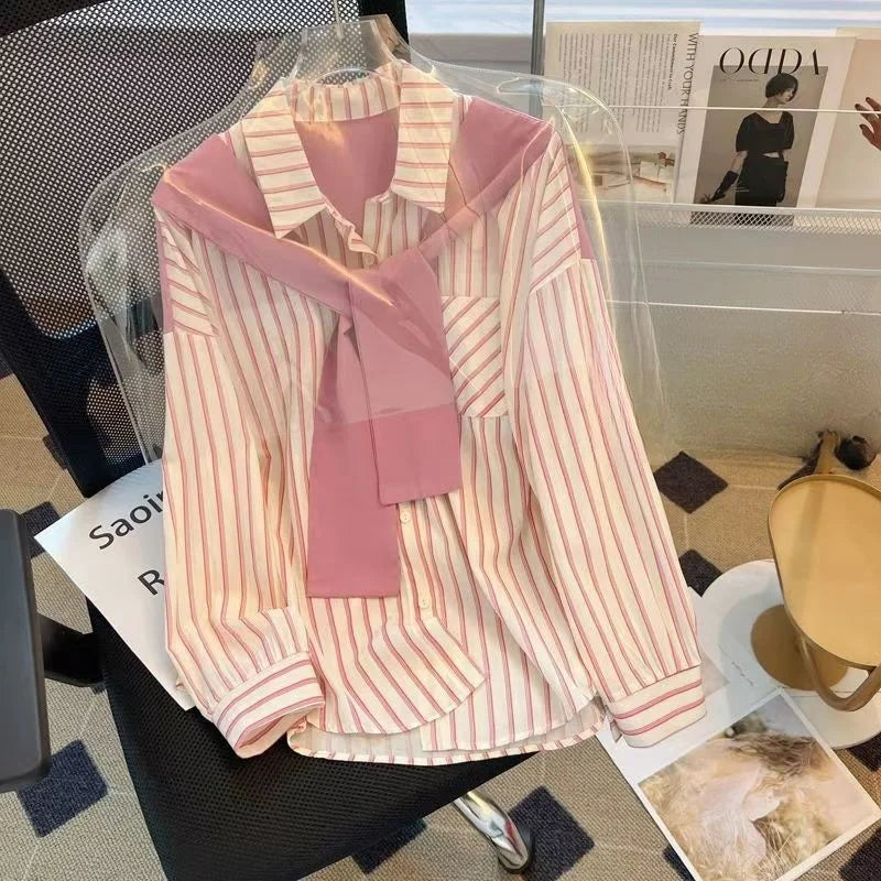 Sweet Stripe Print Long Sleeve Shirt with Layered Two-Piece Design Elegant Chic Blouse for Women