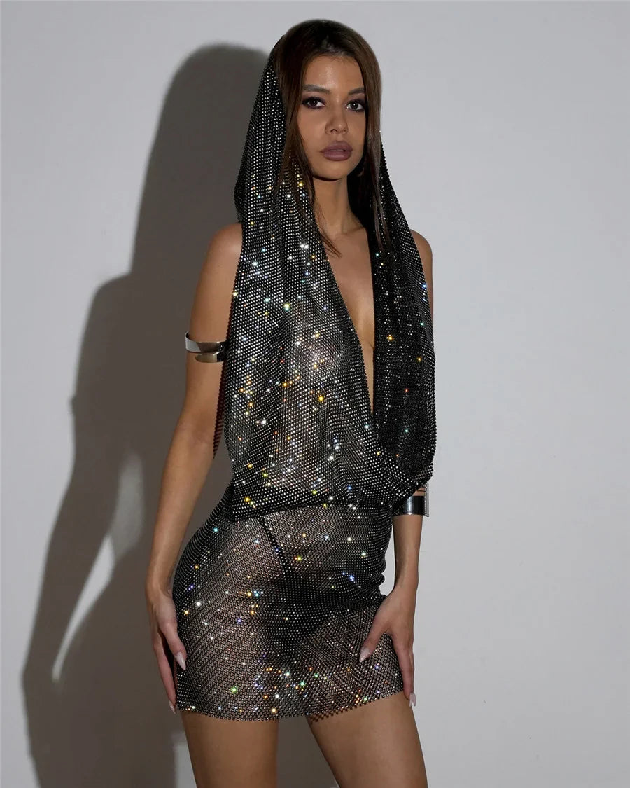 See Through Mesh Dress Rhinestone Bandana Headwrap