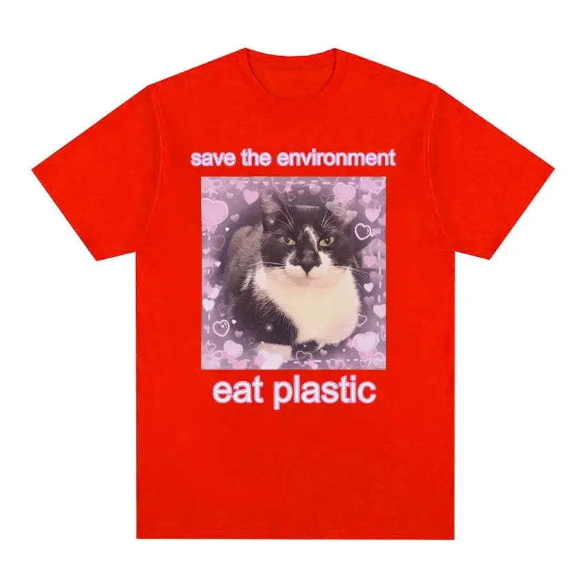 Save The Environment Eat Plastic Cute Cat Graphic T Shirt 100 Percent Cotton Oversized Tee for Men and Women