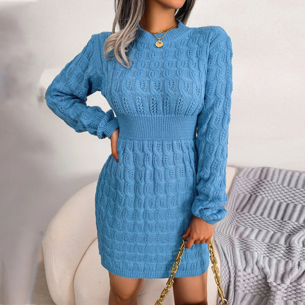Autumn Winter Womens Round Neck High Waist Sweater Dress