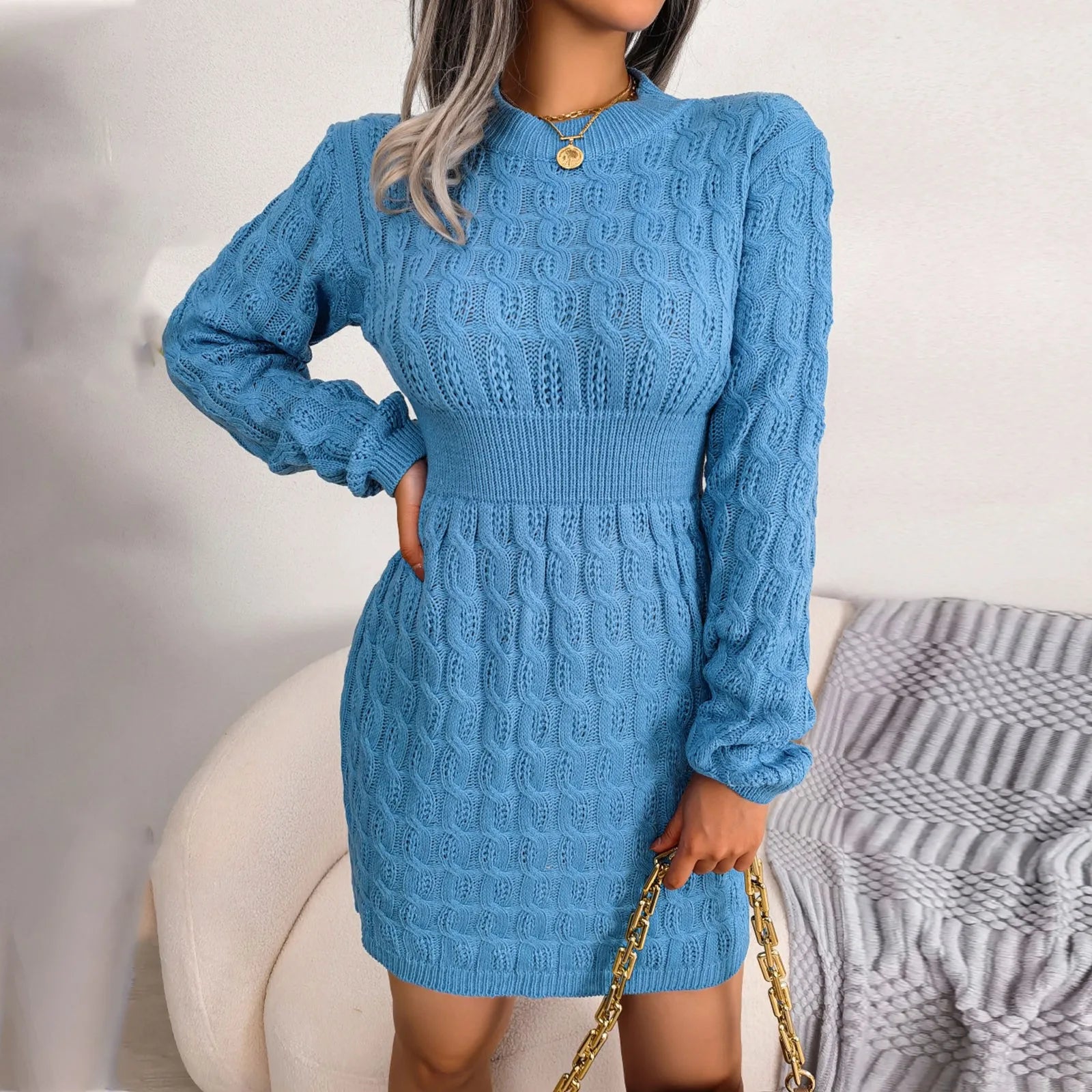 Autumn Winter Womens Round Neck High Waist Sweater Dress