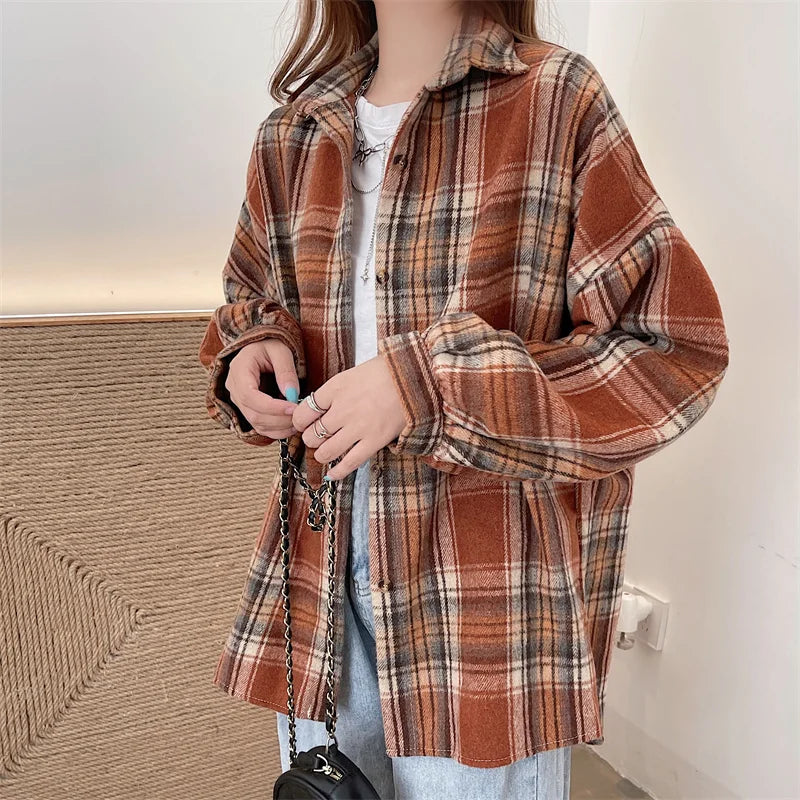 Women's Casual Blushed Flannel Shirt Long Sleeve Collared Button Down Plaid Blouse Fall Winter Vintage Top