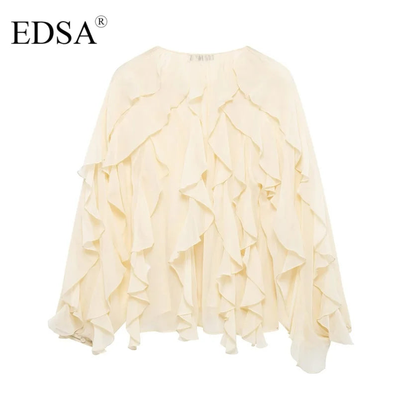 Semi-Sheer Ruffle V-Neck Blouse for Women Long Sleeve Button-Up Lightweight Spring Summer Top