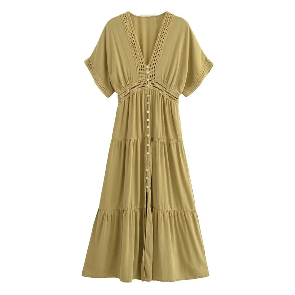 Summer Womens V Neck Lace Shirt Dress Long Casual Fit