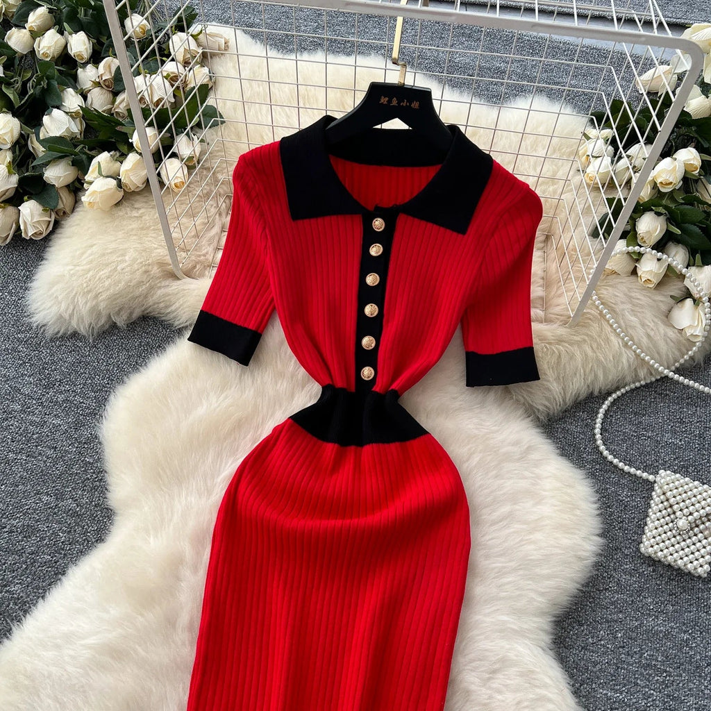 Patchwork Knitted Polo Collar Dress For Women Spring Summer