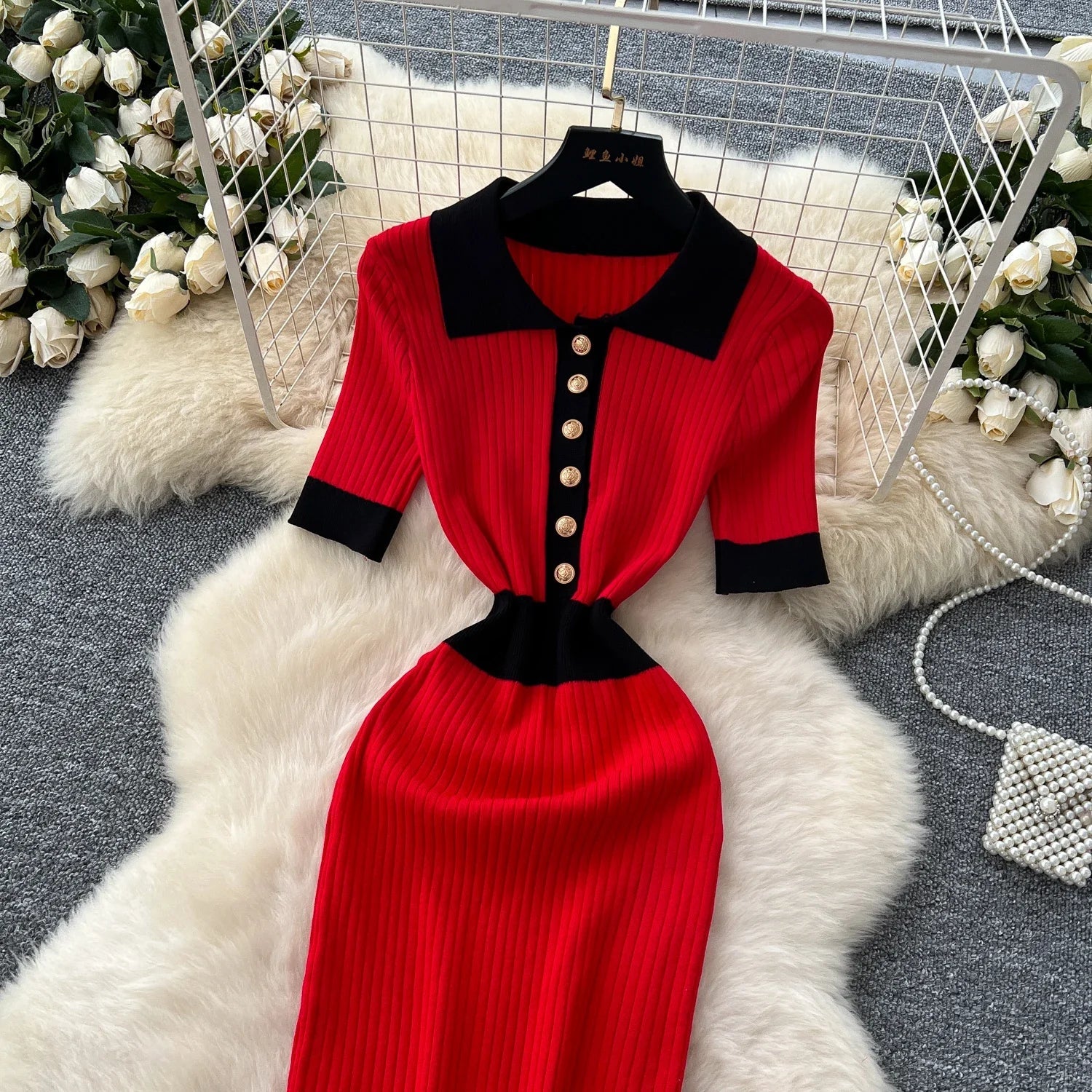 Patchwork Knitted Polo Collar Dress For Women Spring Summer