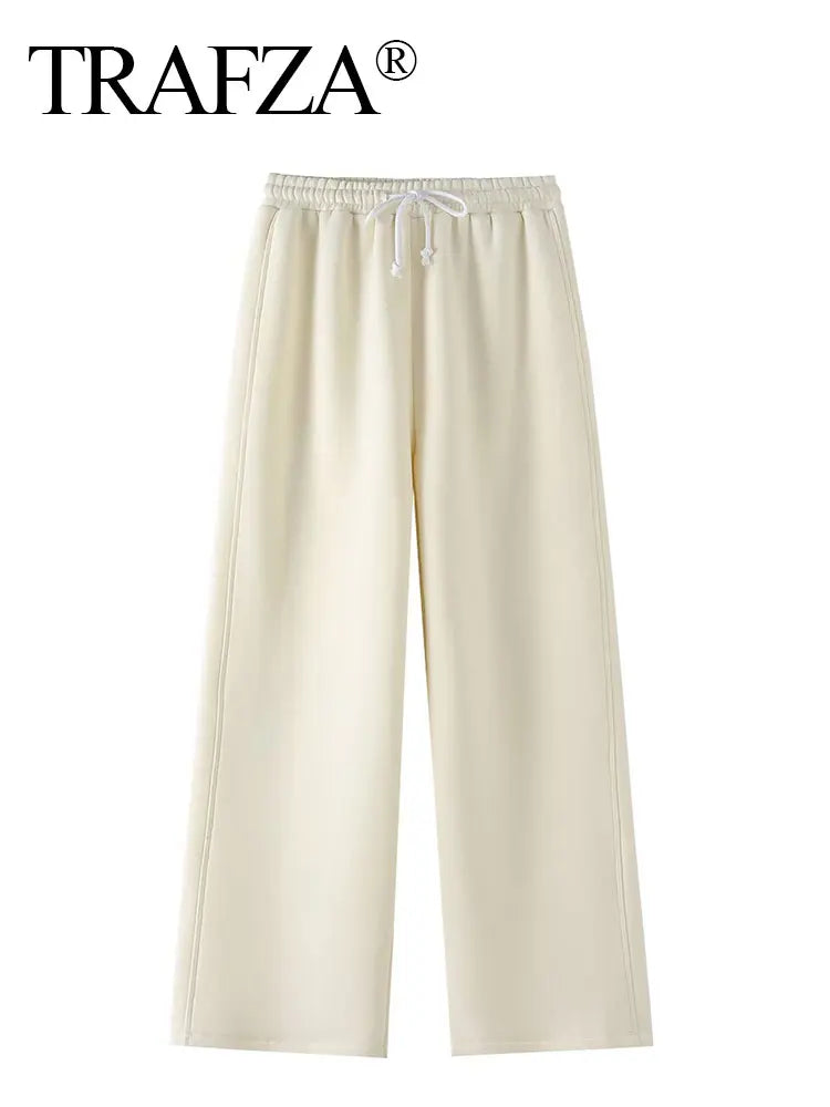 Chic Solid Hoodie and Wide Leg Trouser Set for Women with Elastic Waist and Lace-Up Detail Perfect for Casual and Commute Wear