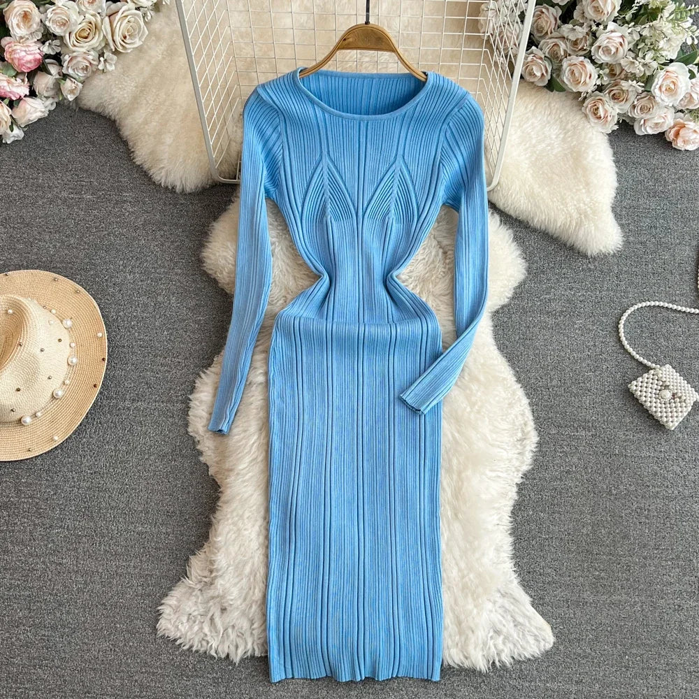 Long Sleeve Knitted Bodycon Dress For Women Autumn Retro