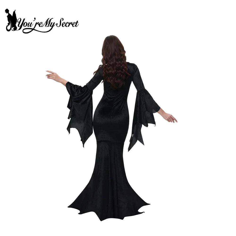 Morticia Addams Gothic Velvet Dress With Flared Sleeves