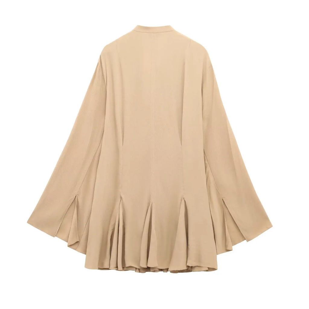 Womens Lace Up Mini Dress With Flared Sleeves Pleated