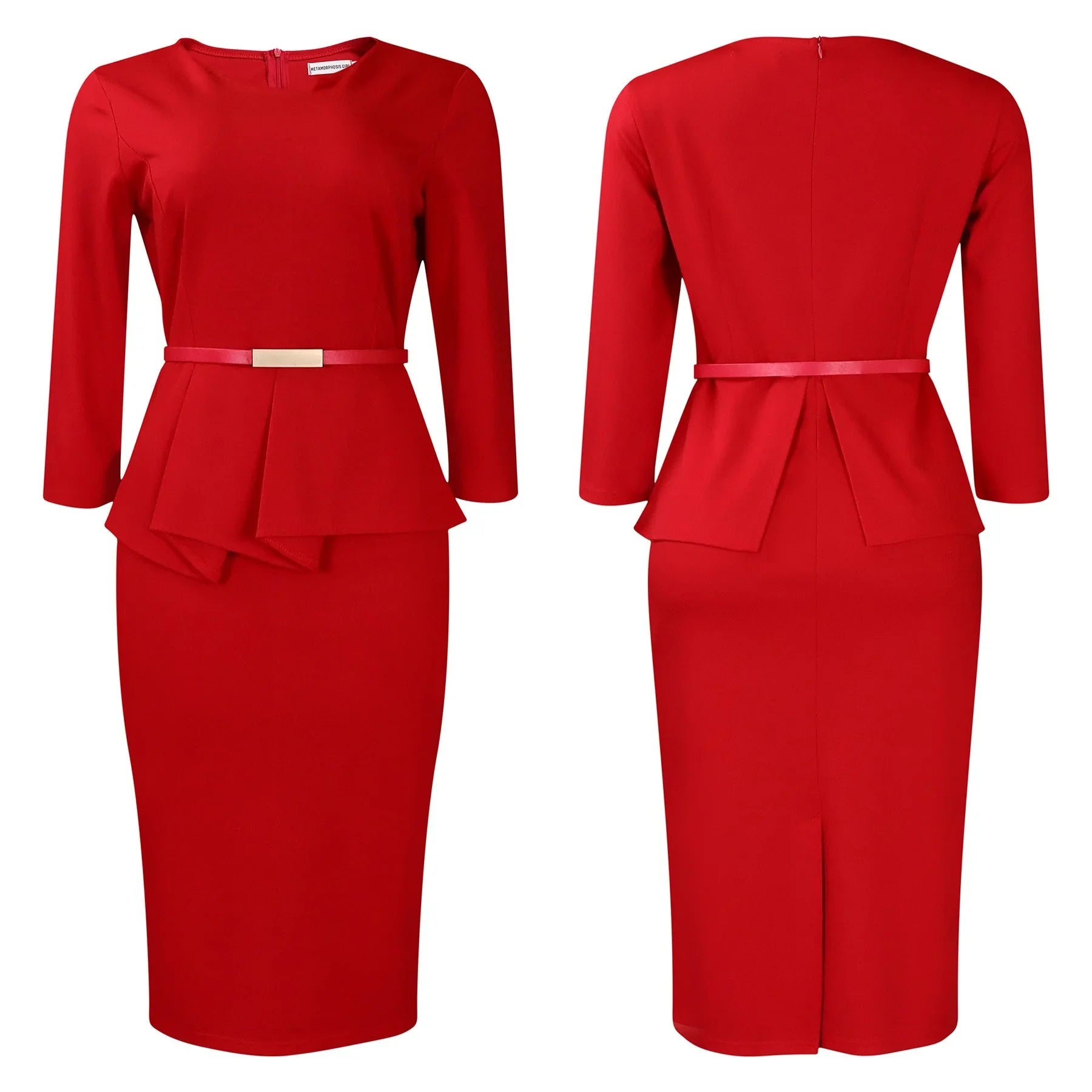Women's Office Dress Sheath Belted Mid Calf Formal Wear
