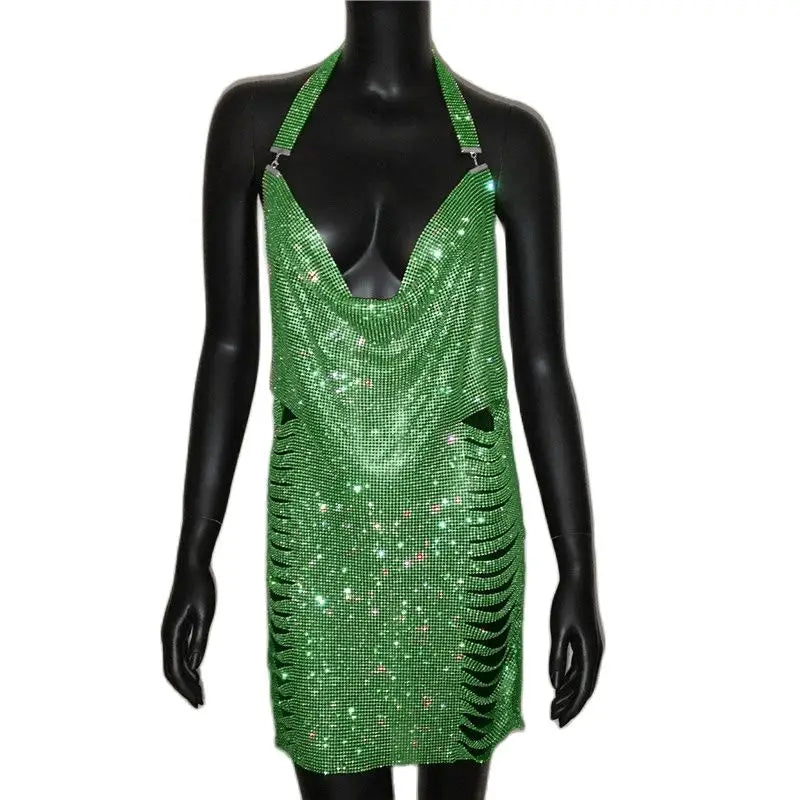 Backless Halter Neck Dress With Rhinestones Side Split