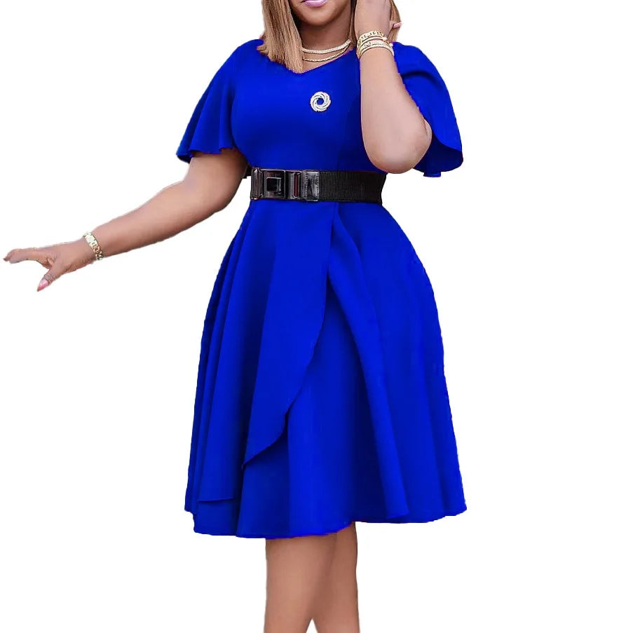 Elegant Womens Belted Round Neck Ruffle Sleeve Midi Dress