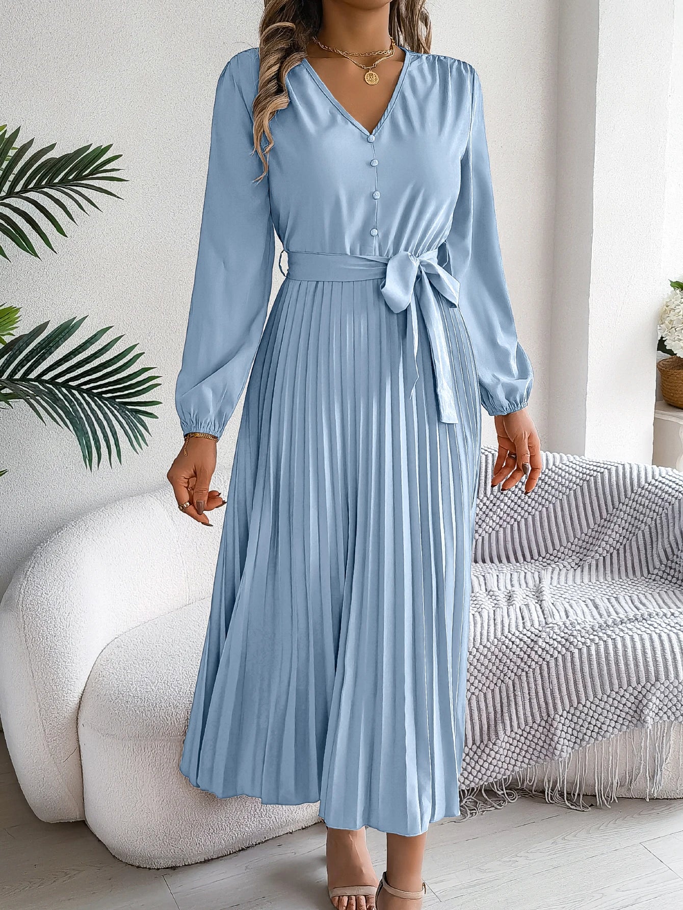 Elegant Autumn V Neck Belted Pleated Long Sleeve Dress