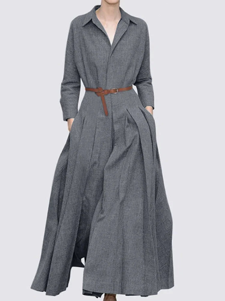 Women Long Sleeve Maxi Dress Office Casual Solid A Line