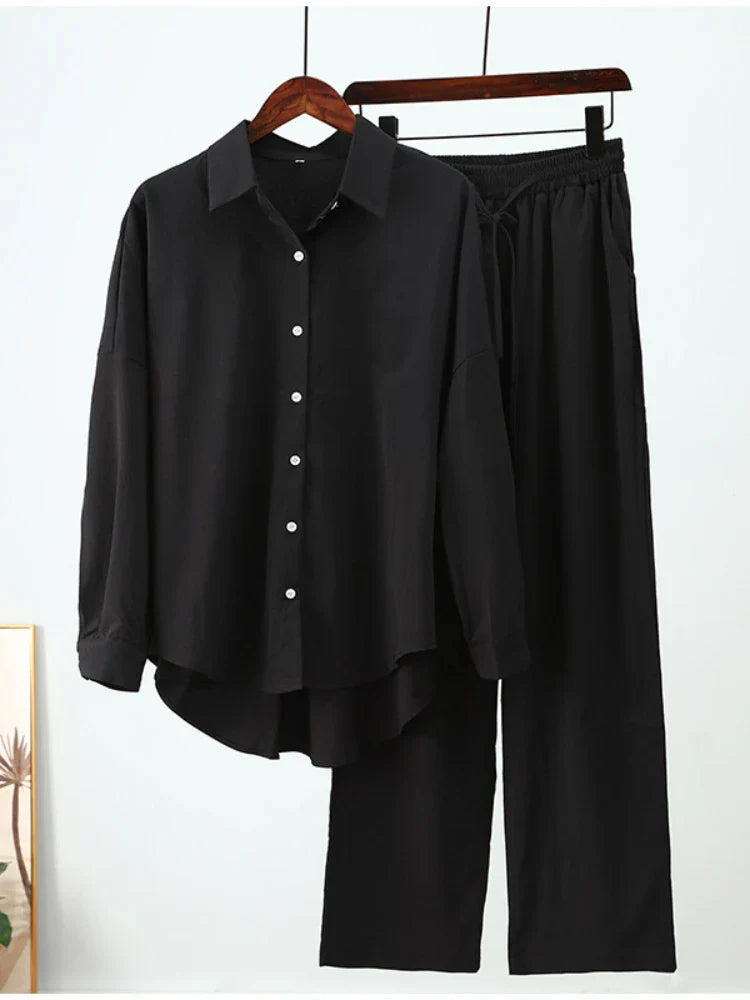 Summer Casual Outfits for Women Loose Long Sleeve Shirt and Wide Leg Pants Two Piece Set