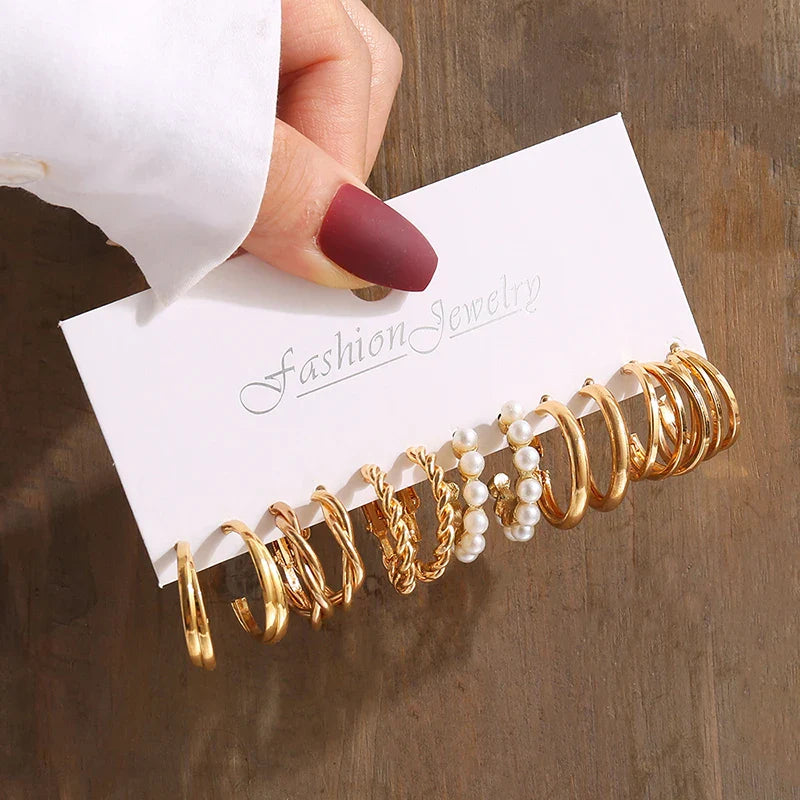 Gold Vintage Pearl Geometry Earrings Set for Women - Simple Trendy Dangle Jewelry