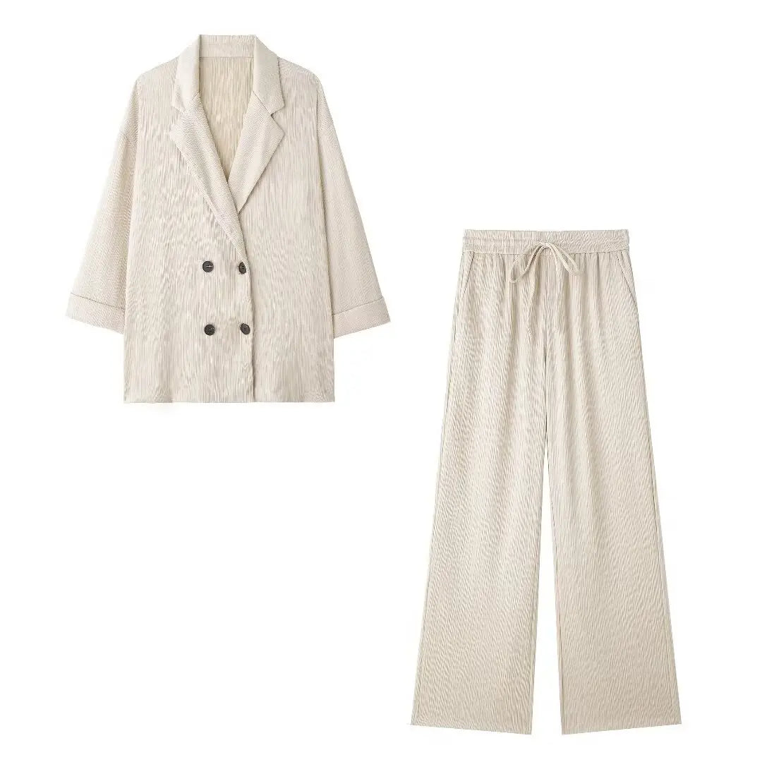 Chic Vintage Pink Loose Blazer and High Waist Wide Leg Pants Set for Women