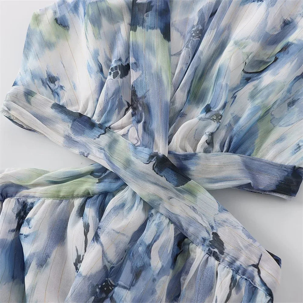 V Neck Printed Dress With Metal Line Open Waist Silhouette