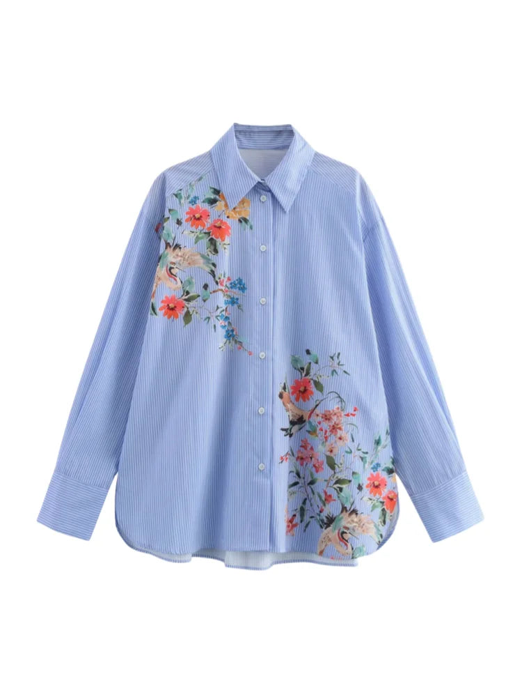 Women's Casual Long Sleeve Collared Shirt Loose Fit Animal Print and Striped Pattern Top